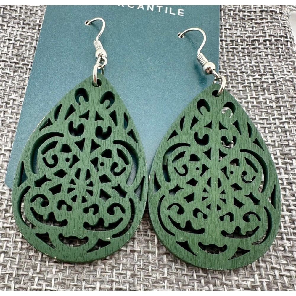 Filigree Teardrop Earrings Dark Evergreen Stained Laser Cut Wood NEW